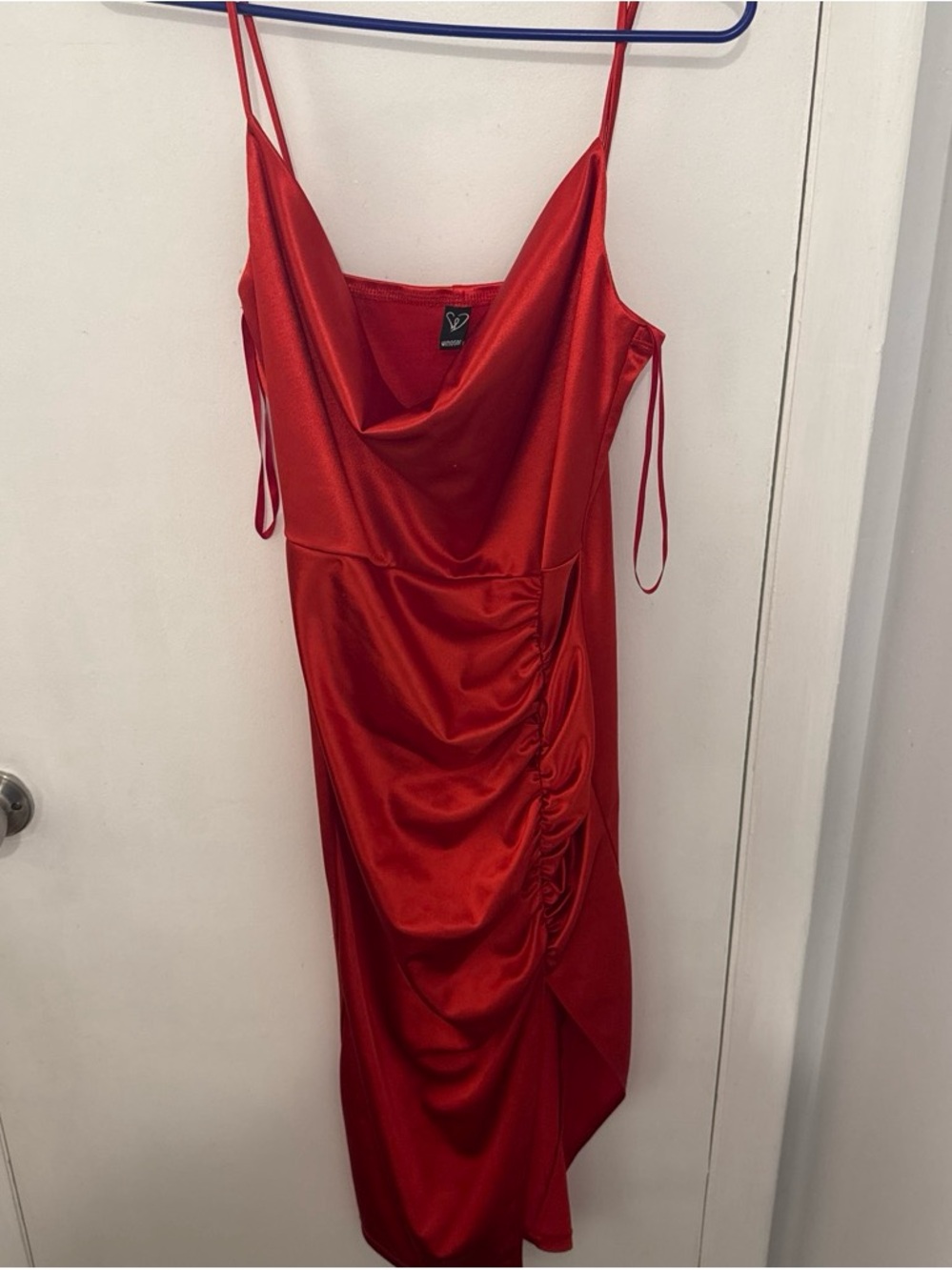 Windsor Red Satin Cowl Midi Dress with Side Ruched Detail